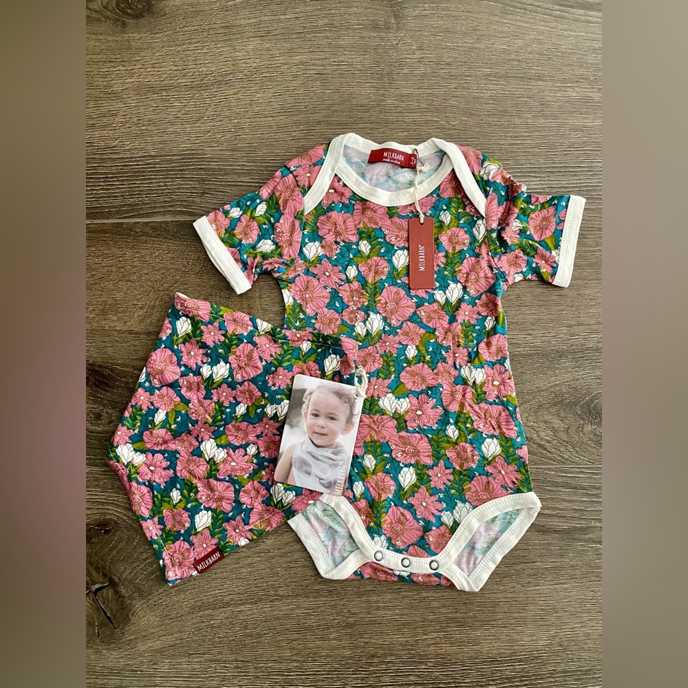 Milkbarn bamboo floral onesie and kerchief bib, Size 3-6 months NWT
